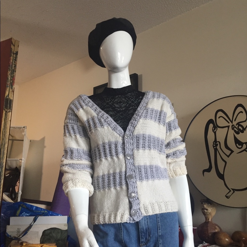 Hand made knitted lilac and ecru cardigan